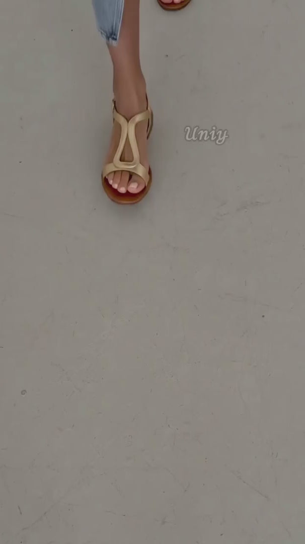 Metallic Gold Cut-Out Slingback Flat Casual Sandals-uniy-2.mp4