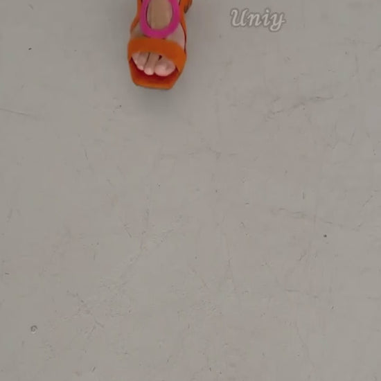 Square Toe Round Cut Out Slingback Strap Yellow Sandals Heels-uniy.mp4