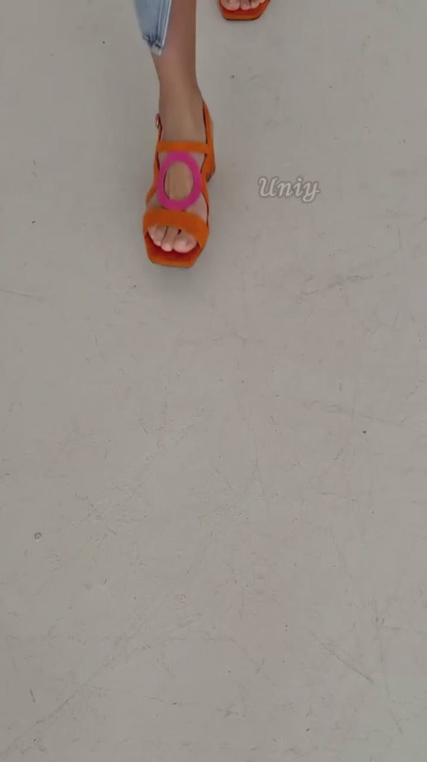 Square Toe Round Cut Out Slingback Strap Yellow Sandals Heels-uniy.mp4