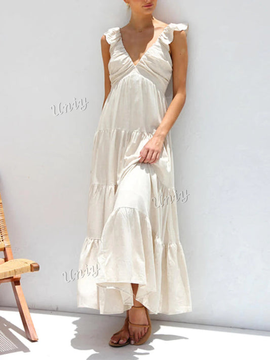 Ruffled Flying Sleeves Smocked Back Tiered Vacation Maxi Dress