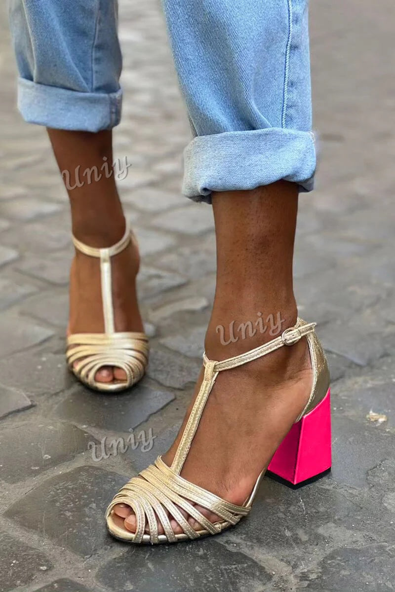 Strappy T-Strap Buckle Peep Toe Chunky Heels