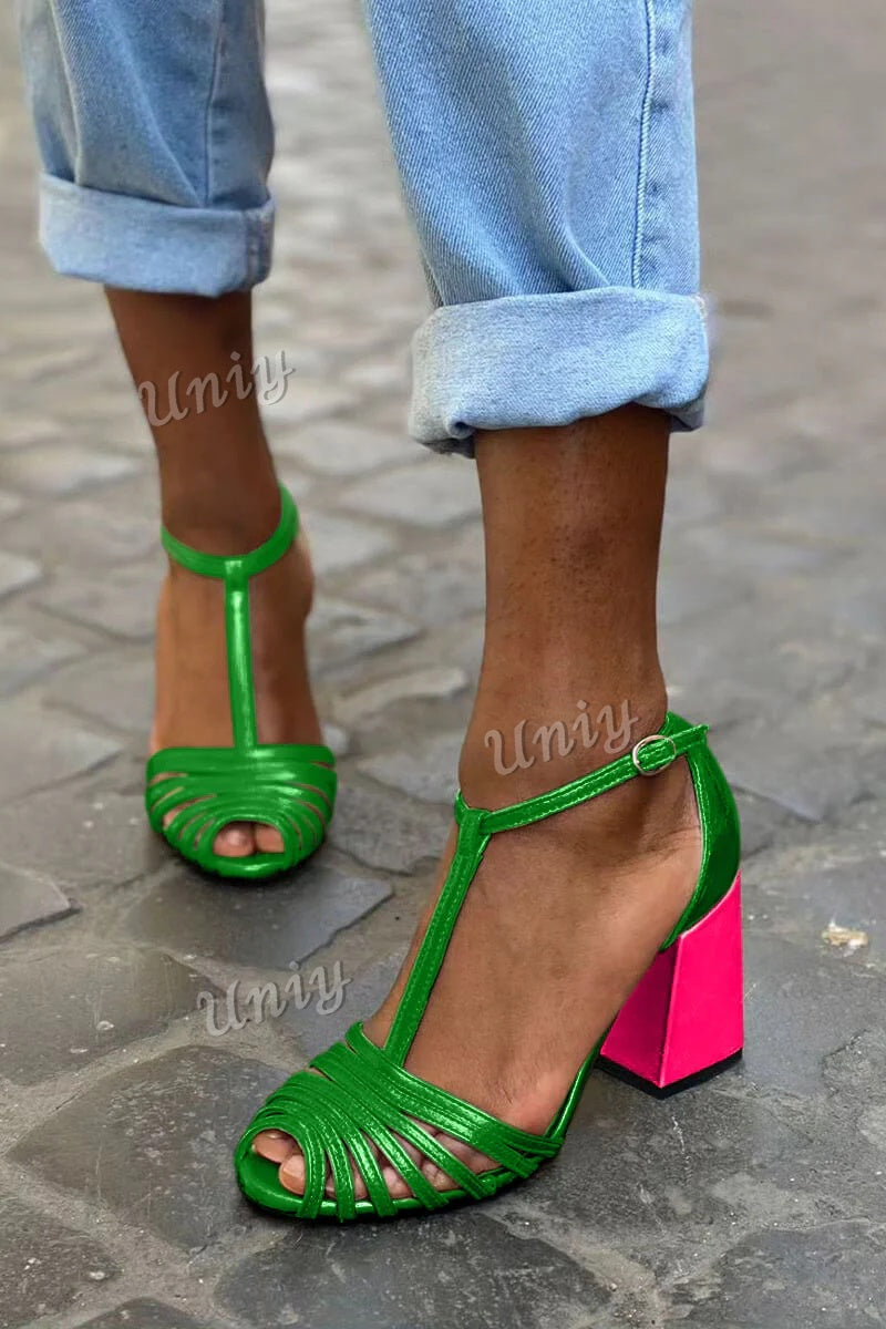 Strappy T-Strap Buckle Peep Toe Chunky Heels