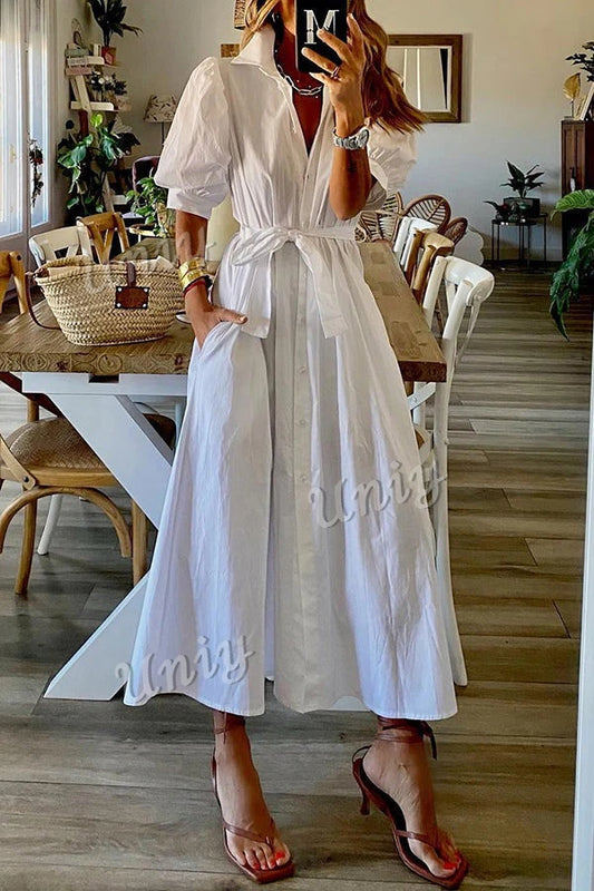 Vintage Pocketed Shirt Midi Dress