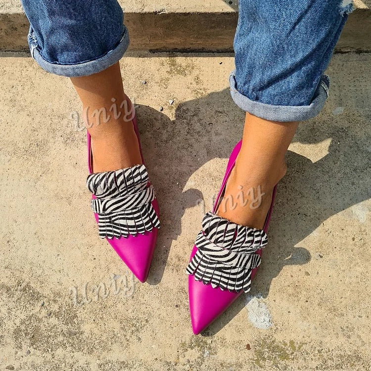 Zebra Print Fringe Pointy Toe Slip-On Flats
